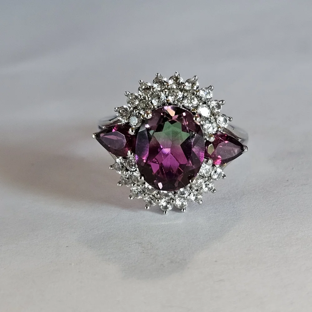 Genuine Watermelon Quartz & Multi Gemstone Ring Platinum over 925 Sz 6! - Picture 3 of 13
